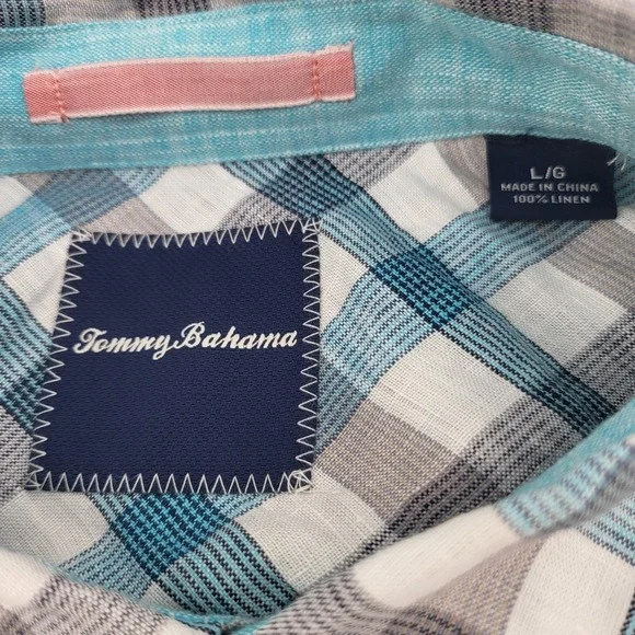 Tommy Bahama 100% Linen Shirt Mens Large Plaid Button Up Long Sleeve Green Gray - Picture 6 of 9
